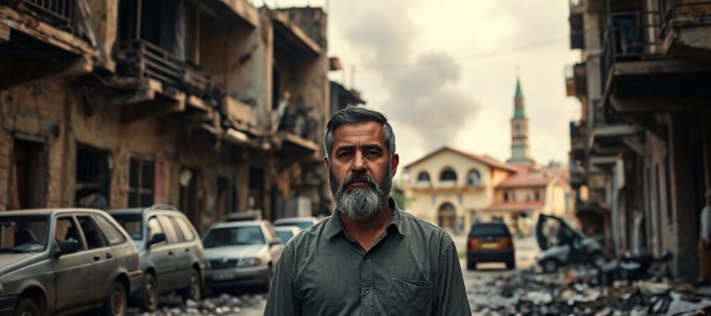 A solemn depiction of Ihab Hassan in war-torn Taybeh, West Bank, surrounded by destruction and a plea for divine justice.