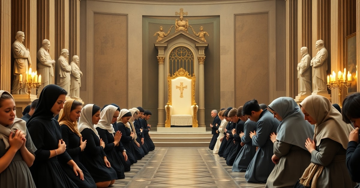 Teenagers from war-torn countries kneel in prayer at the Vatican, emphasizing spiritual peace and the absence of true Catholic leadership.