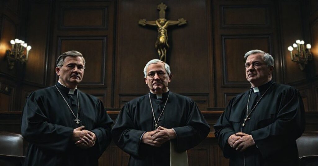 Three Tennessee conciliar sect officials opposing capital punishment in a courtroom setting with a crucifix in the background.