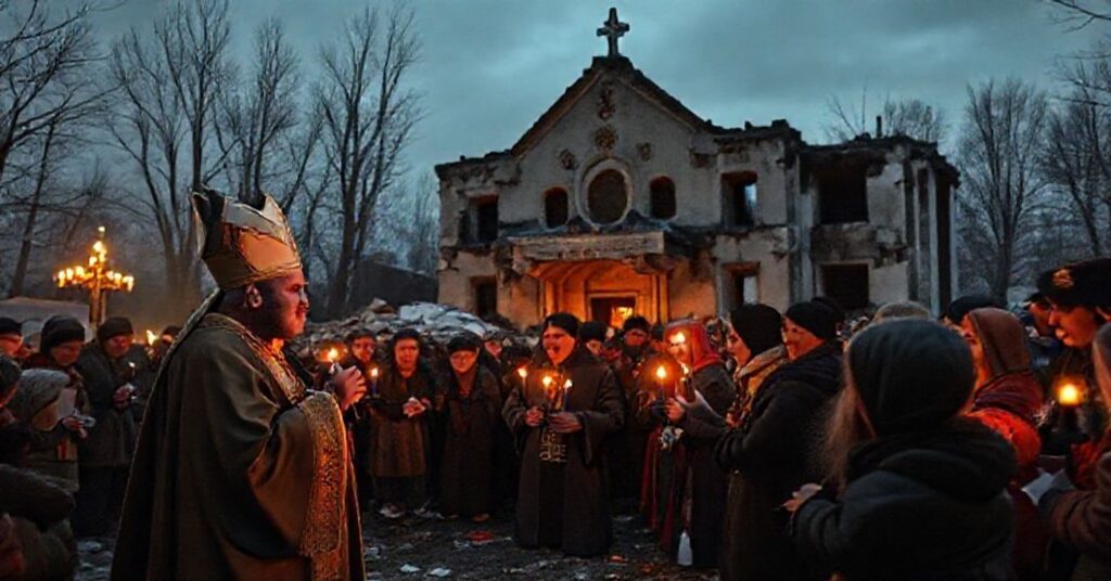 Archbishop Teodor Martynyuk leads a prayer vigil in Ternopil after Russian missile strikes, highlighting the lack of sacramental focus in contemporary Catholic humanitarian efforts.