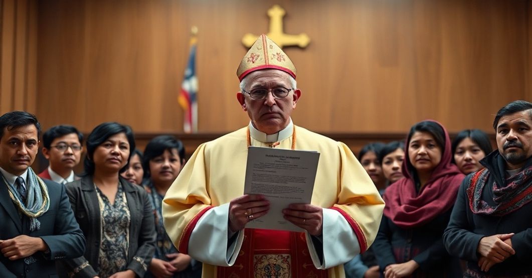 Texas Bishops DACA Statement - A Catholic bishop in traditional vestments stands before immigrants in a courtroom setting, symbolizing the conflict between divine and secular law.