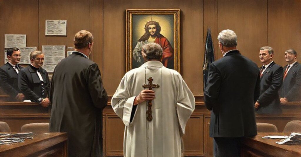 Catholic priest in courtroom defending Christ's Social Kingship against secularist policies in Texas.