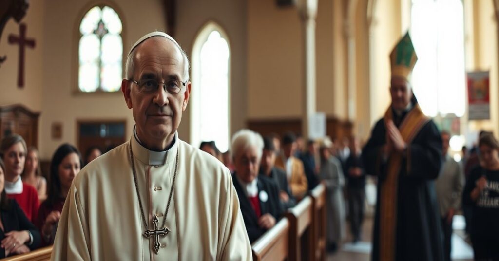 A traditional Catholic priest stands in a modest church, contrasting with a distant modernist bishop promoting secular activism.