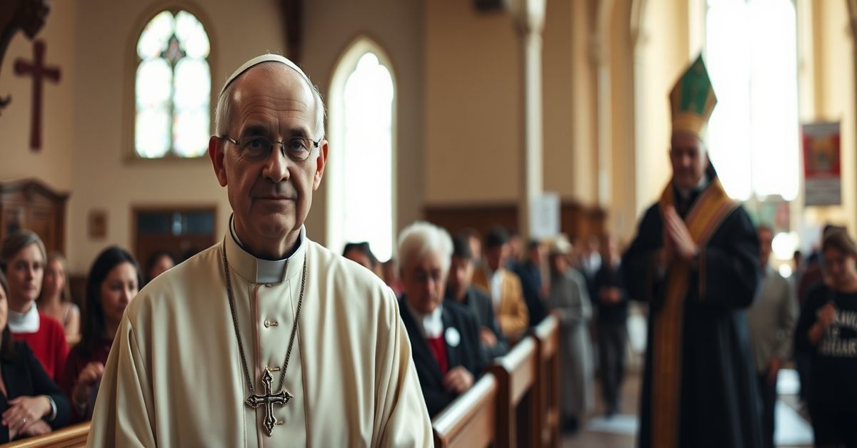 A traditional Catholic priest stands in a modest church, contrasting with a distant modernist bishop promoting secular activism.