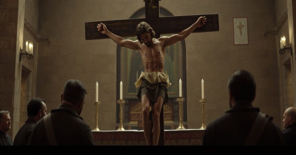 A reverent depiction of the crucifixion of Christ in Matera, Italy, highlighting the theological gravity of Good Friday and the true sacrifice of the Mass.