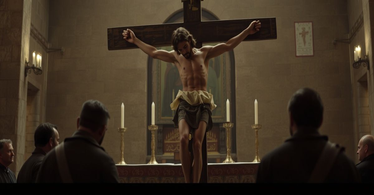 A reverent depiction of the crucifixion of Christ in Matera, Italy, highlighting the theological gravity of Good Friday and the true sacrifice of the Mass.