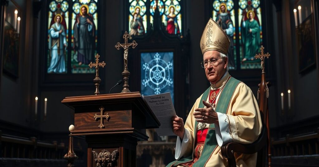 A solemn traditional Catholic setting featuring an antipope styled 'Leo XIV' and 'Cardinal' Pietro Parolin discussing the moral dimension of mathematics and AI in a chapel adorned with crucifixes and religious artifacts.
