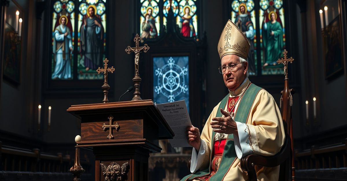A solemn traditional Catholic setting featuring an antipope styled 'Leo XIV' and 'Cardinal' Pietro Parolin discussing the moral dimension of mathematics and AI in a chapel adorned with crucifixes and religious artifacts.