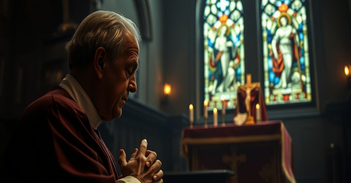 A traditional Catholic priest kneeling in prayer before an altar in a dimly lit church.