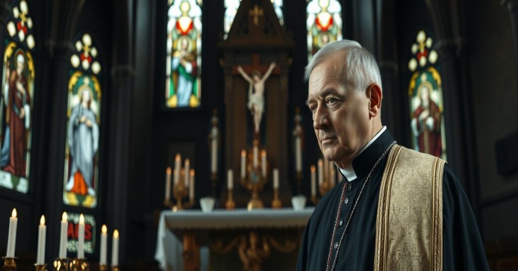 A traditional Catholic priest in solemn prayer before an ornate altar in an empty church, reflecting on the apostasy of modern education.