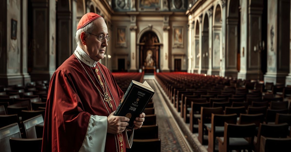 A solemn Catholic bishop in traditional episcopal regalia stands before a decaying Vatican interior, holding the Annuario Pontificio 2026, symbolizing the spiritual crisis of the post-conciliar era.