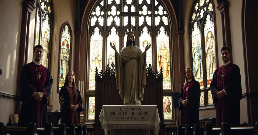 A reverent depiction of a Catholic chapel with a statue of Christ the King, symbolizing the spiritual crisis in modern conciliar institutions.