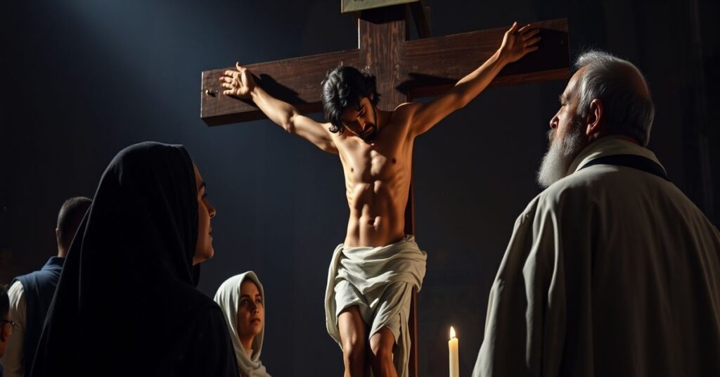 A traditional Catholic depiction of Jesus Christ on the Cross during His Fifth Word, 'I thirst,' with mourners including St. Teresa of Calcutta and Father Raymond J. de Souza in a sacred church setting.
