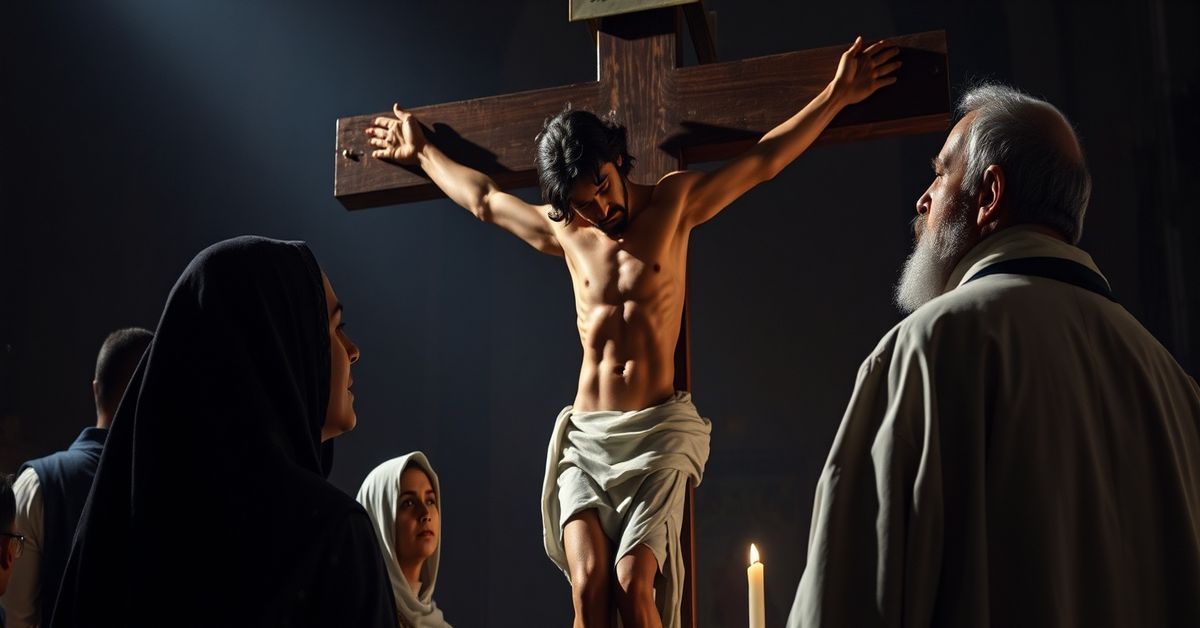 A traditional Catholic depiction of Jesus Christ on the Cross during His Fifth Word, 'I thirst,' with mourners including St. Teresa of Calcutta and Father Raymond J. de Souza in a sacred church setting.