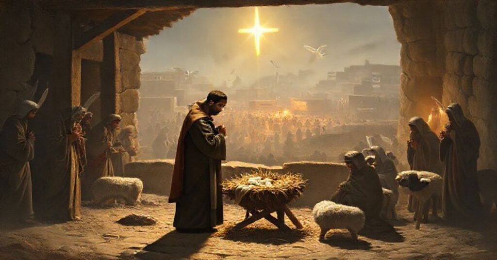 Nativity scene in Bethlehem with Franciscan friar Ibrahim Faltas praying beside the manger, contrasting divine peace with modern conflict.
