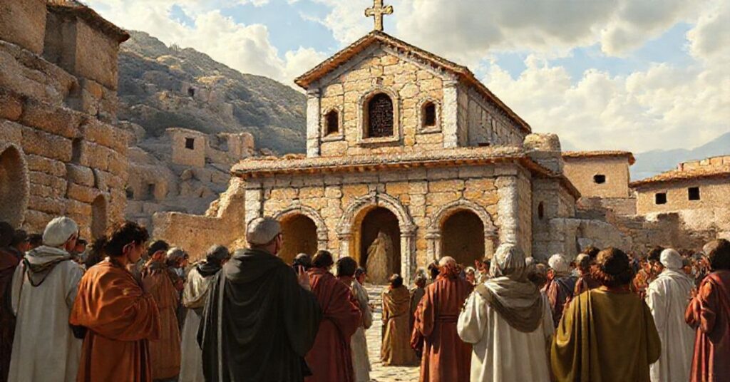 A reverent depiction of the Holy House of Loreto with traditional Catholic pilgrims in prayer.