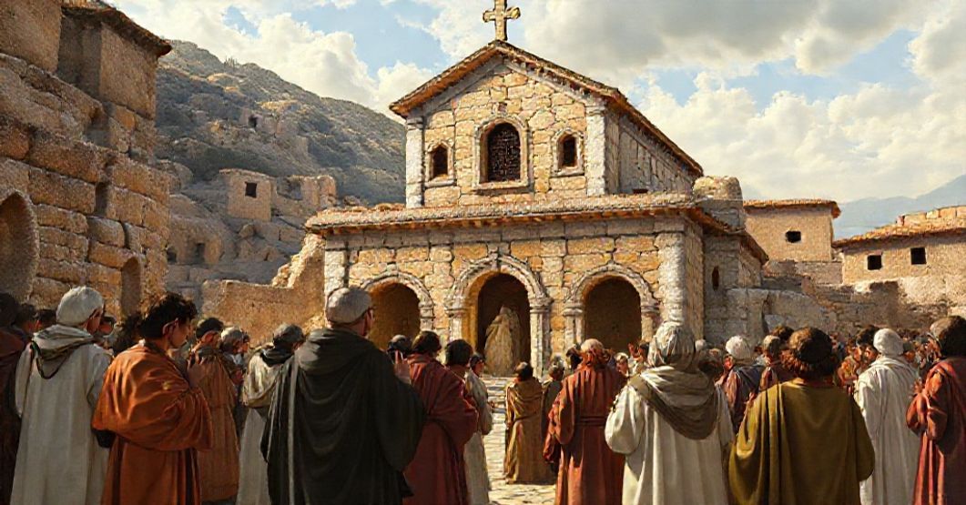 A reverent depiction of the Holy House of Loreto with traditional Catholic pilgrims in prayer.