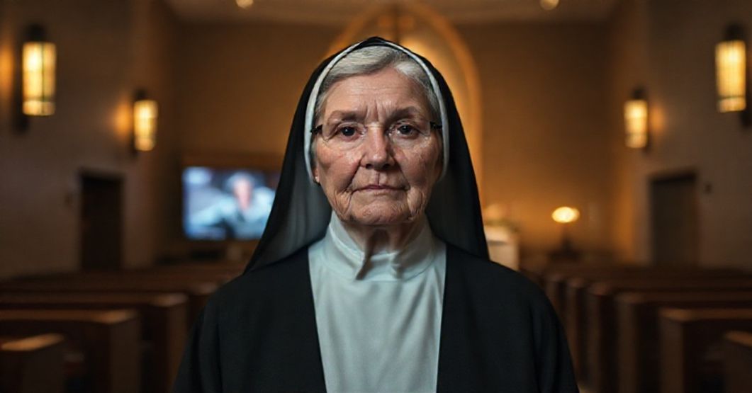 The Illusion of Sanctity: Sister Mary Michael and the Conciliar Sect Portrait of Sister Mary Michael in a modernist chapel with Novus Ordo altar, symbolizing the false sanctity of the conciliar sect.
