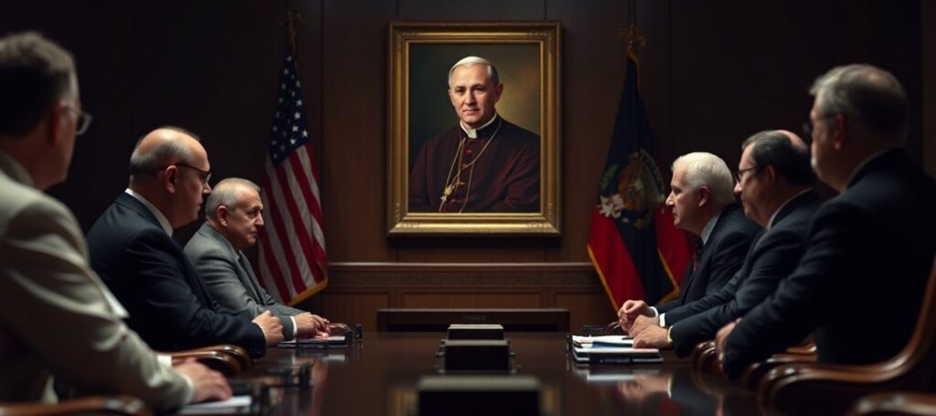 Cardinal Christophe Pierre in a tense meeting with Pentagon officials, symbolizing the post-conciliar Vatican's reduction to a geopolitical actor.