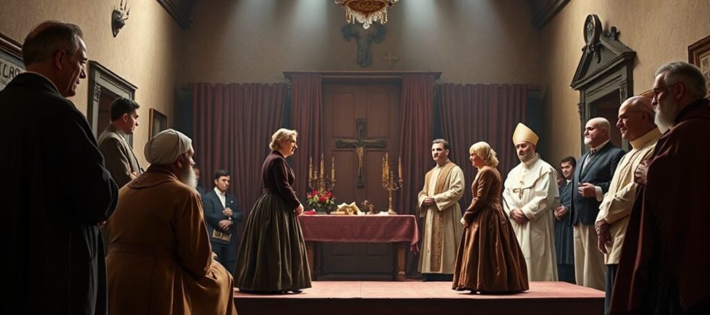 A reverent stage performance of 'The Jeweler's Shop' at the Angelicum in Rome, 2026, highlighting the heretical vision of Karol Wojtyla and the conciliar sect's promotion of his teachings.