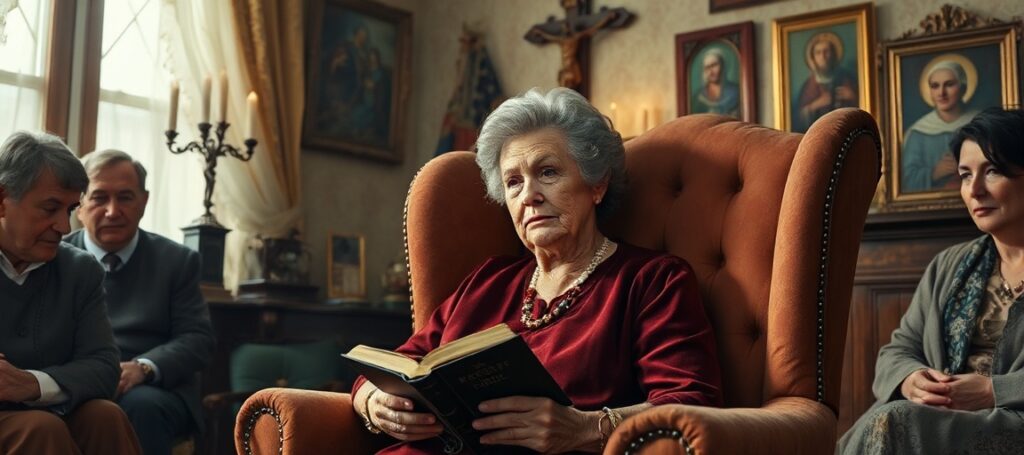 A traditional Polish-American Catholic matriarch in her home, reflecting on the lost faith and family traditions before Vatican II.