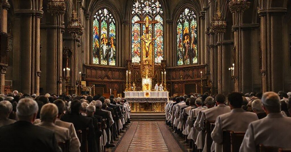 A Traditional Latin Mass in a historic church, contrasting sacred tradition with modernist apostasy.