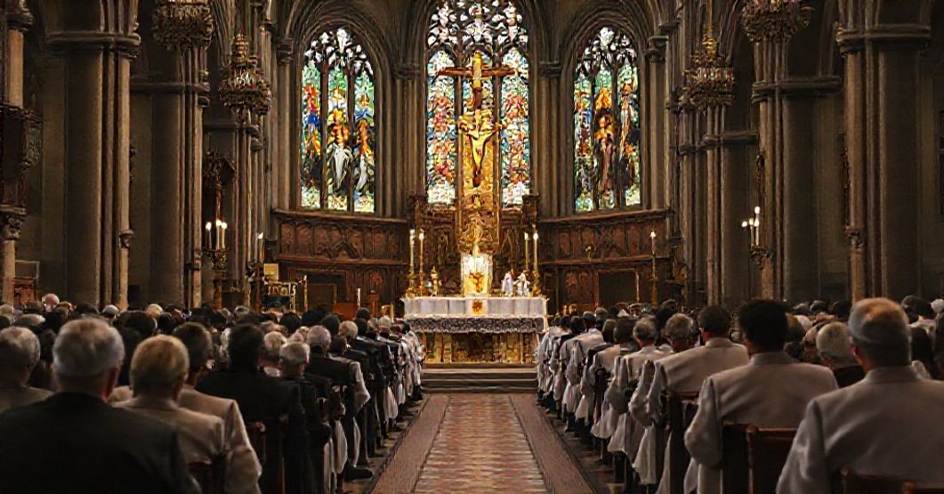 A Traditional Latin Mass in a historic church, contrasting sacred tradition with modernist apostasy.