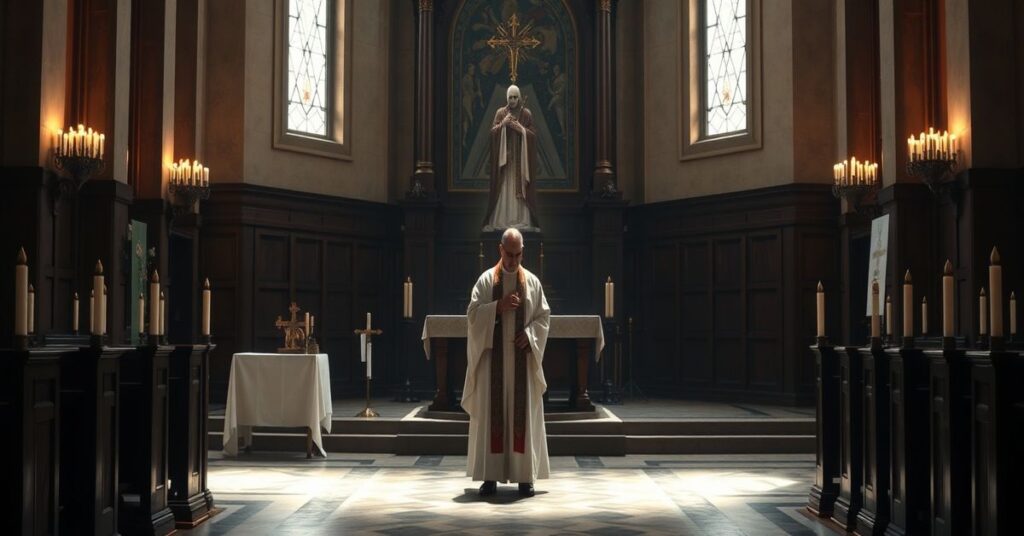 A solemn Catholic church interior with a traditional altar, illustrating the spiritual struggle between true faith and modernist apostasy.