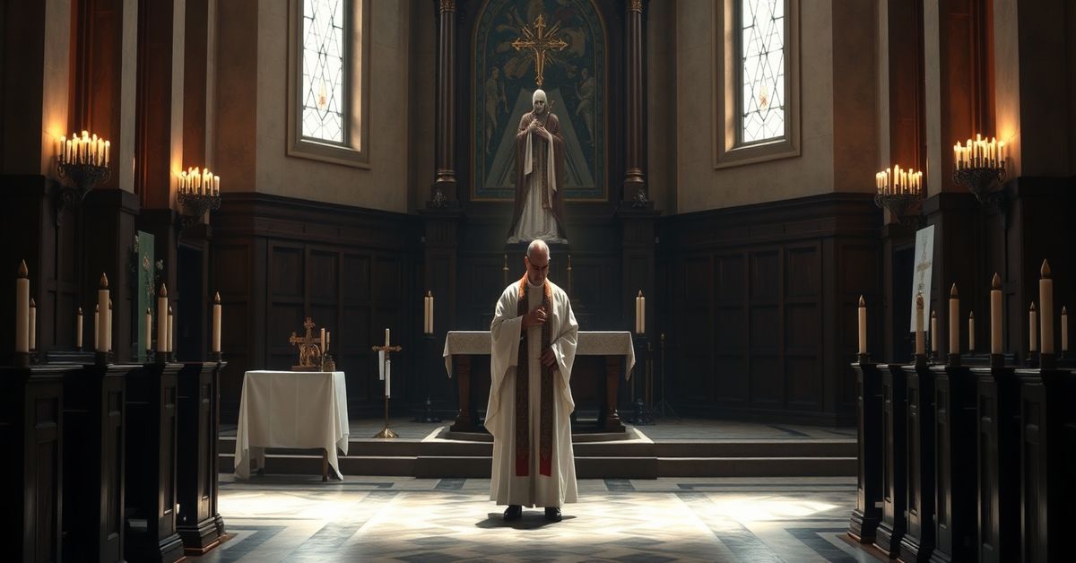 A solemn Catholic church interior with a traditional altar, illustrating the spiritual struggle between true faith and modernist apostasy.