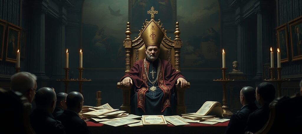 A traditional Catholic setting depicting a usurper on a modernist throne surrounded by symbols of humanism and technology, emphasizing the loss of true Catholic doctrine.
