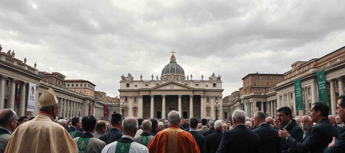 A somber depiction of St. Peter's Square during an Angelus led by antipope Leo XIV in 2026, highlighting the absence of Christ the King in modernist appeals for peace and social justice.