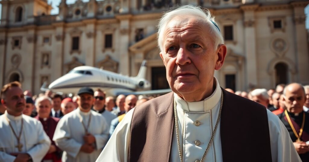 The usurper Robert Prevost, styling himself as Pope Leo XIV, stands before a Spanish cathedral surrounded by modernist bishops.