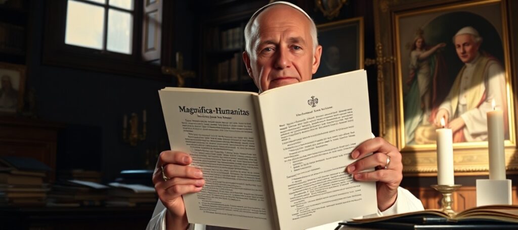 A traditional Catholic priest in a study holding an encyclical document titled 'Magnifica Humanitas,' surrounded by historical papal texts and a crucifix.