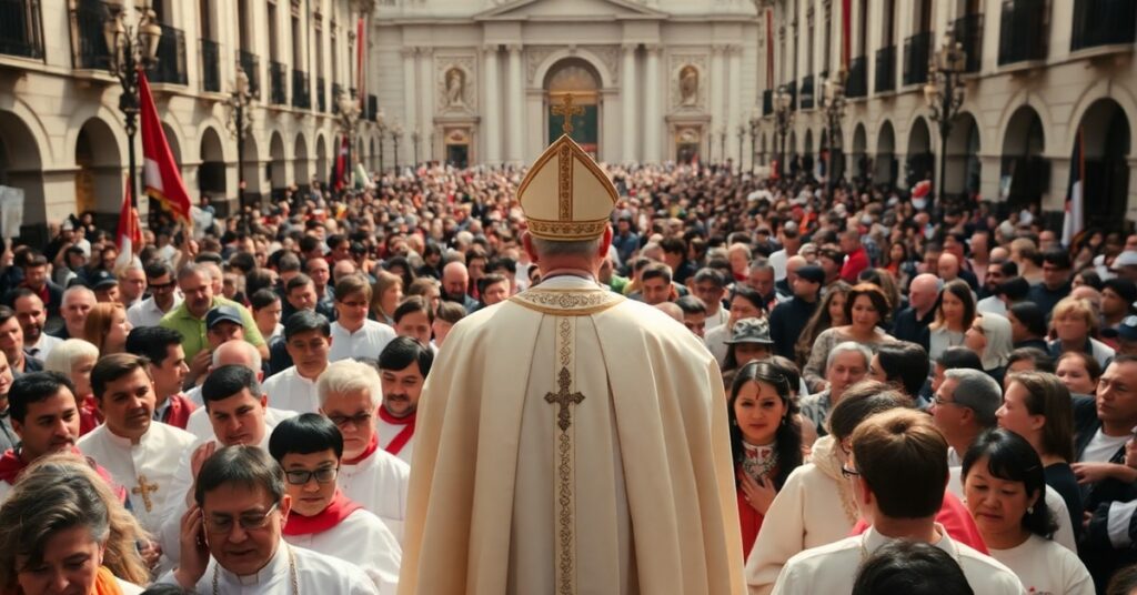 A large Corpus Christi procession in Madrid's Plaza de Cibeles led by a usurper posing as pope, lacking the theological depth of Catholic doctrine and devoid of Christ the King's sovereignty.