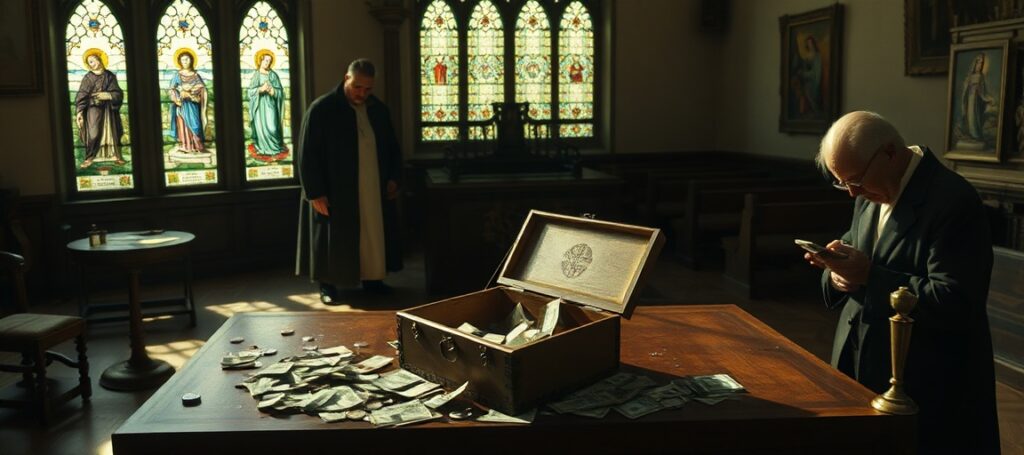 A solemn image depicting the theft of parish funds in a traditional Catholic church, symbolizing the betrayal of the faithful by conciliar clergy.