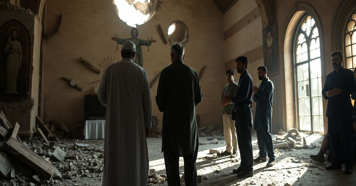 Mourners praying in the ruins of Youhanabad church in Pakistan after bombings, with Father Akram Javed and Pastor Anwar Fazal symbolizing interfaith compromise.