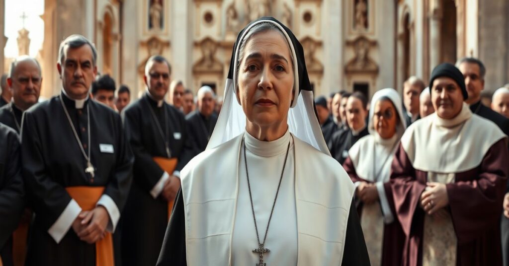 Sister Simona Brambilla with Catholic clergy at a cathedral discussing theological crisis over female governance in Church hierarchy.