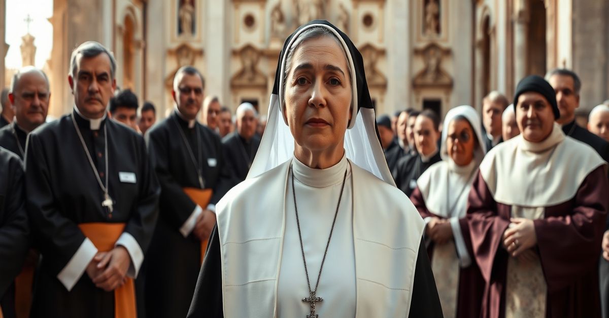 Sister Simona Brambilla with Catholic clergy at a cathedral discussing theological crisis over female governance in Church hierarchy.