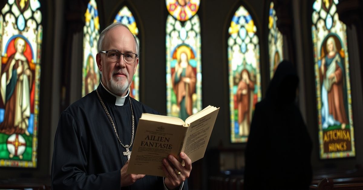Catholic theologian Paul Thigpen depicted in traditional clerical attire within a sacred church setting.