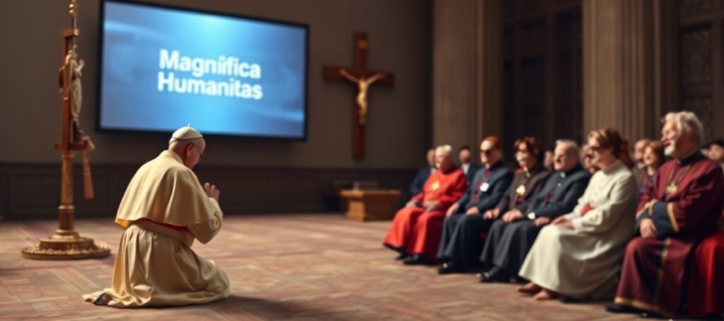 Traditional Catholic bishop kneeling in prayer before a crucifix, contrasting with a blurred modernist encyclical presentation on artificial intelligence and human dignity.