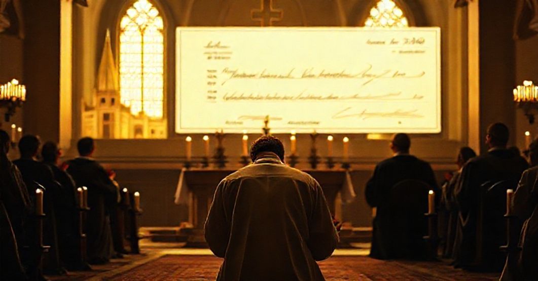 A solemn Catholic seminarian kneeling in prayer with a dark shadow of a Lilly Endowment check looming behind him.