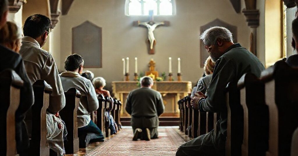 Portrayal of Thomas Vander Woude in a traditional Catholic church setting, emphasizing faith and sanctity.