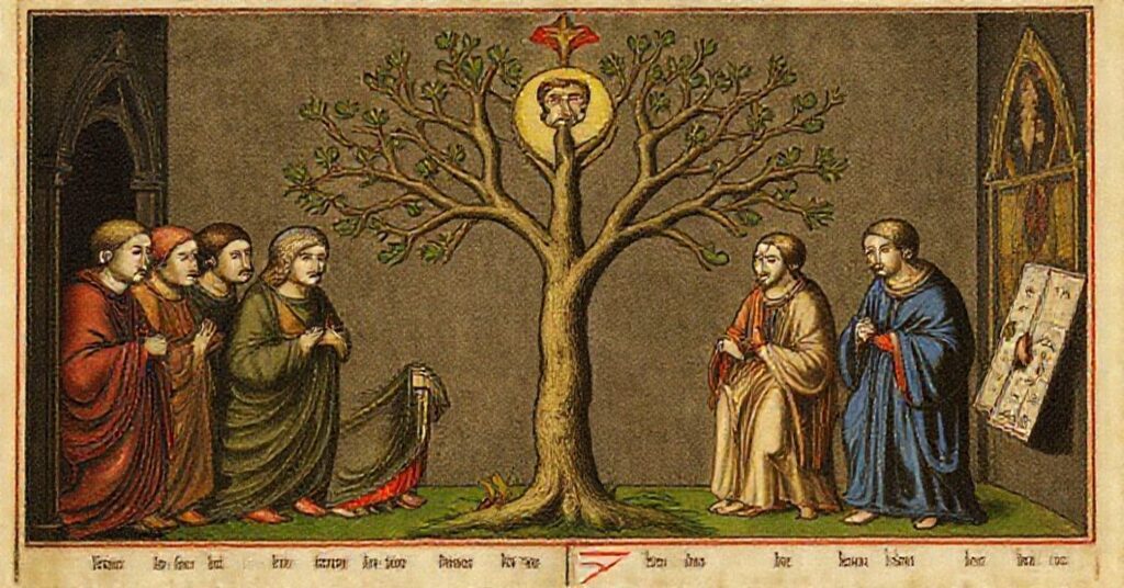 Medieval illumination of the Jesse Tree from the Tickhill Psalter, depicting Christ's lineage with Thomas More's prayer book and Augustine's triptych in a reverent chapel setting.