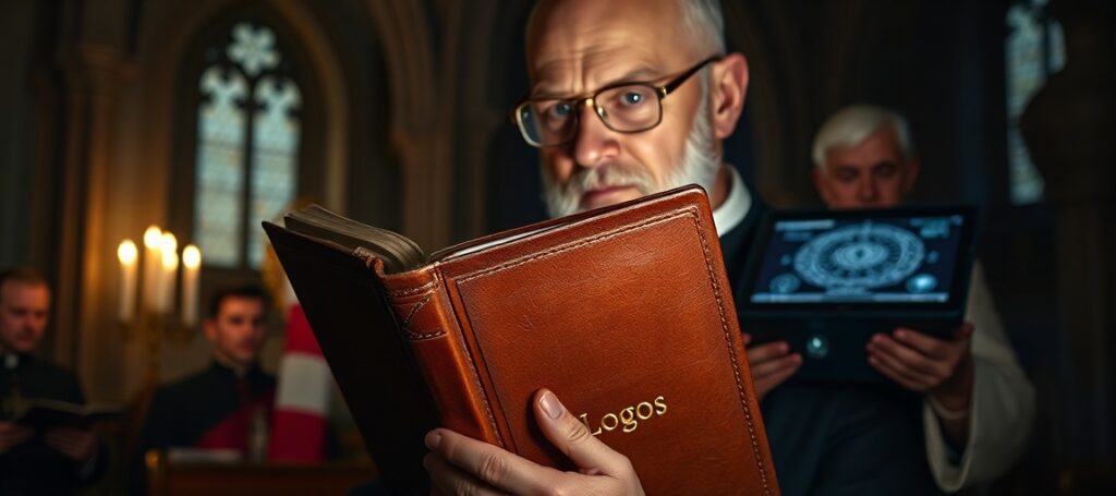 A traditional Catholic priest in a gothic chapel with a missal marked 'Logos', contrasting with a blurred figure of 'Pope Leo XIV' holding an AI tablet.