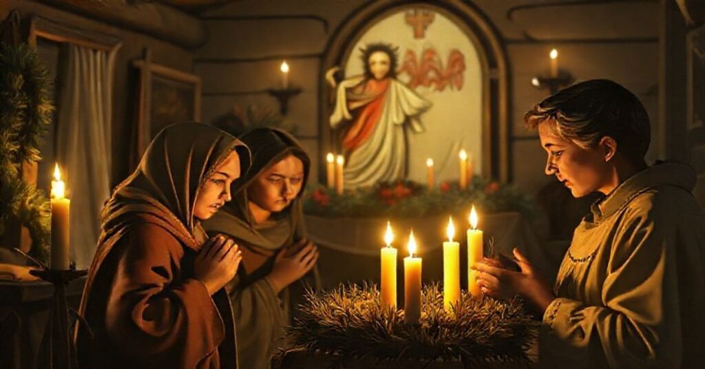 Traditional Catholic family praying during Advent with Christ the King in the background.