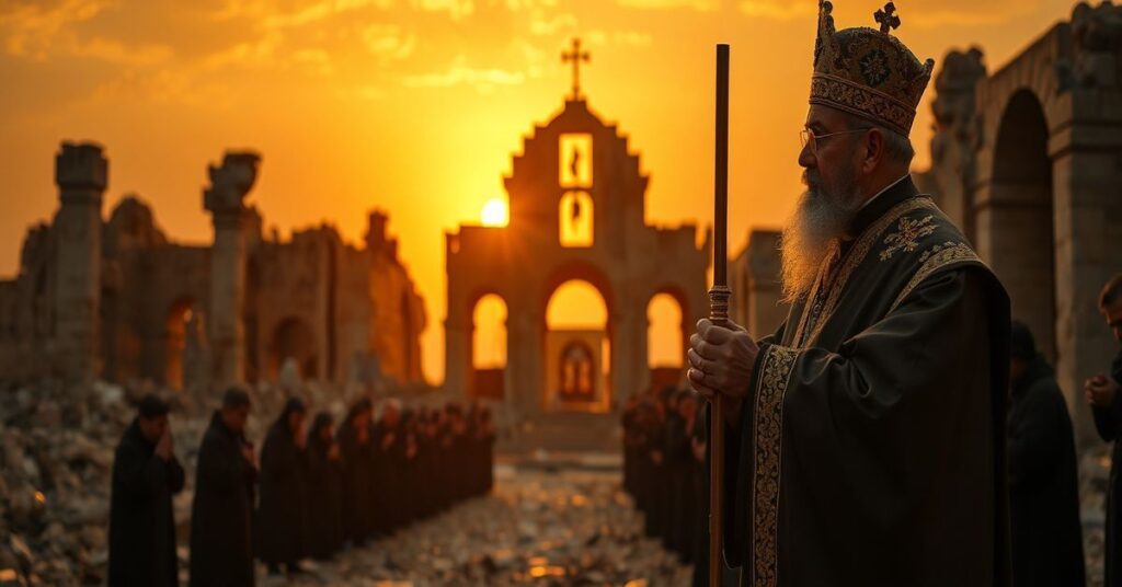 Traditional Catholic bishop in liturgical vestments standing before a ruined cathedral in Syria with kneeling Eastern Catholic faithful praying during sunset.