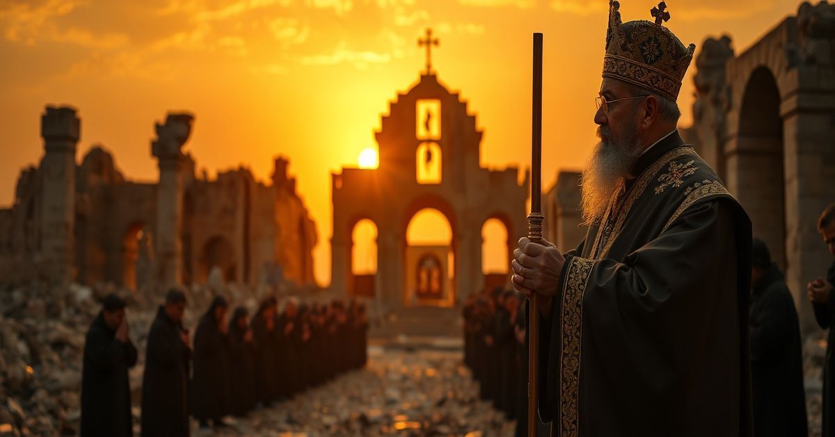 Traditional Catholic bishop in liturgical vestments standing before a ruined cathedral in Syria with kneeling Eastern Catholic faithful praying during sunset.