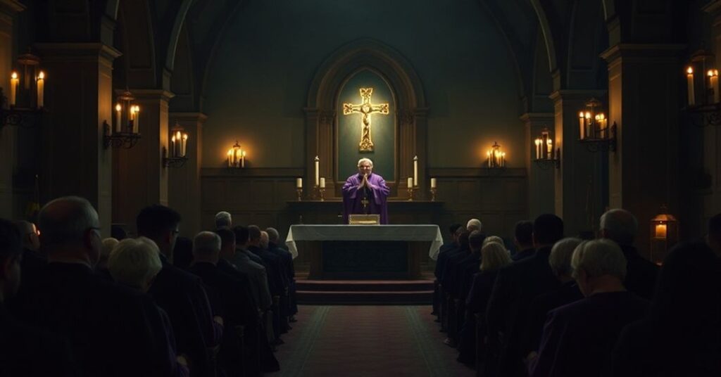 Traditional Catholic church interior during Advent with a priest in violet vestments leading penitential prayers and kneeling faithful in silent reflection.
