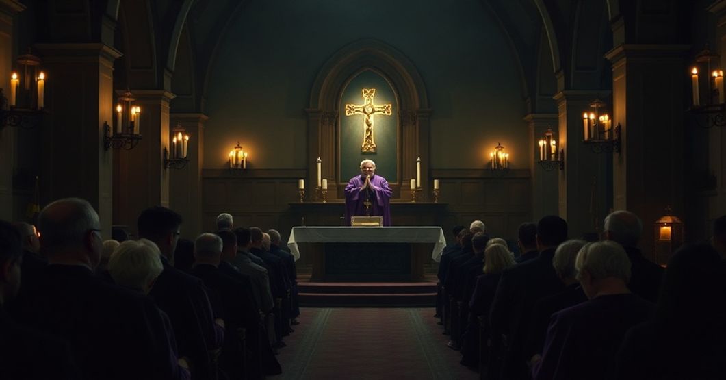 Traditional Catholic Advent Penance Scene Traditional Catholic church interior during Advent with a priest in violet vestments leading penitential prayers and kneeling faithful in silent reflection.