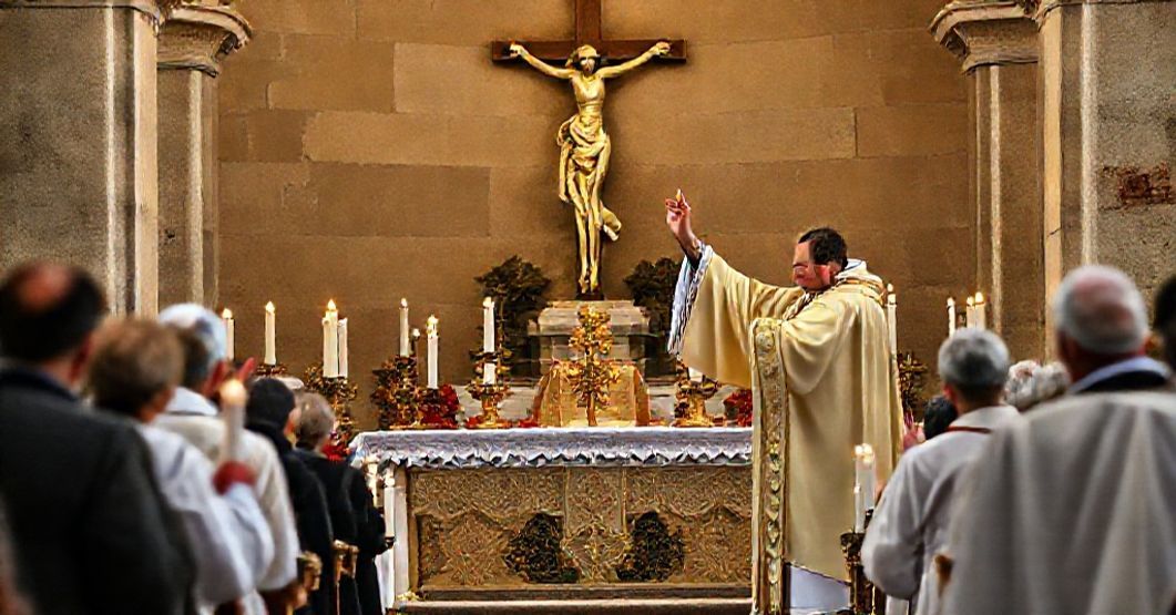 Traditional Catholic All Souls' Day Mass at Verano Cemetery Traditional Catholic All Souls' Day Mass at Verano Cemetery in Rome, with priest elevating the Host amidst mourners in prayer.